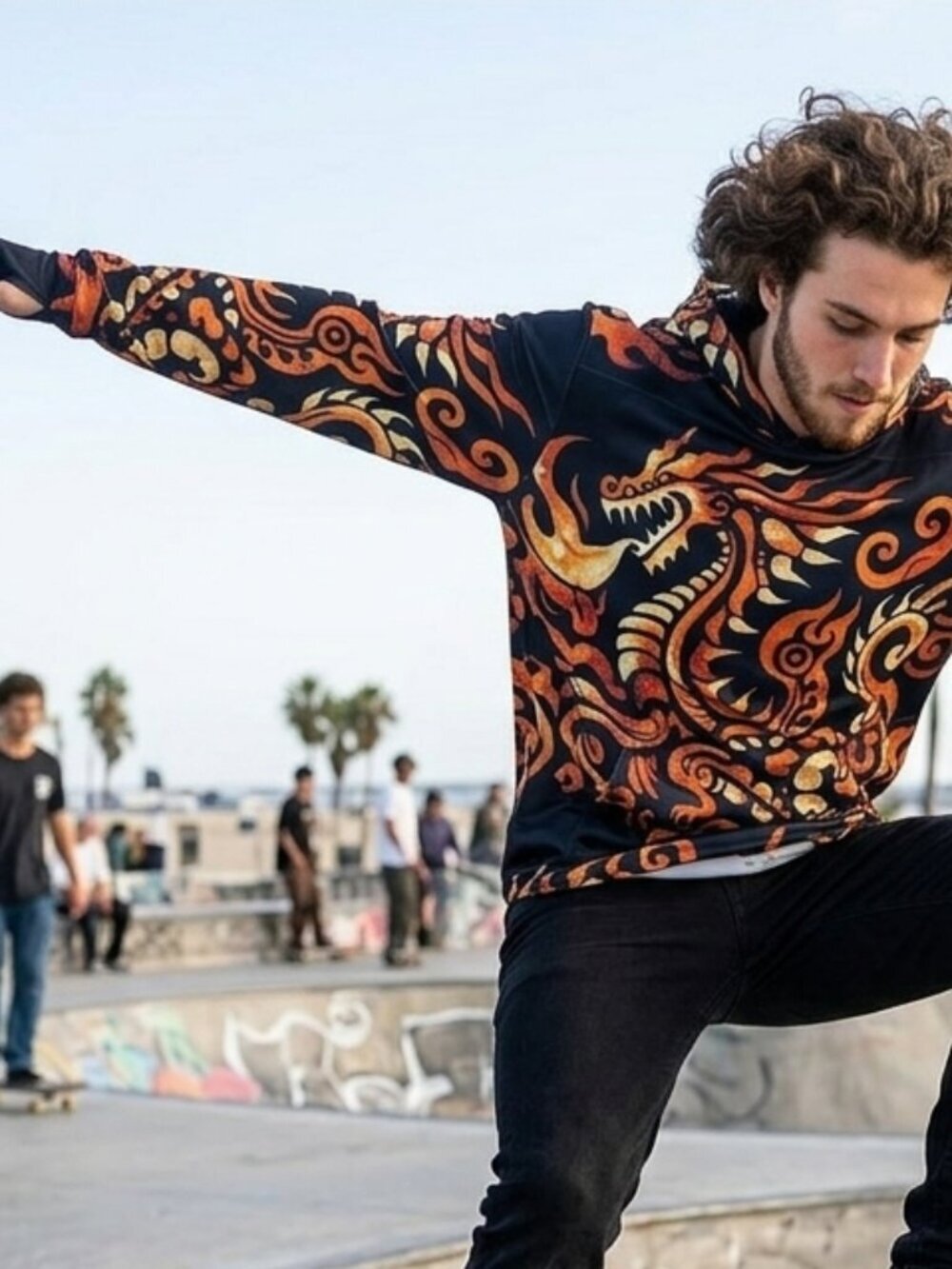 Dragon Batik Mens Long Sleeve Shirt Hooded Sports Size XL NWT UV 50+ Thumbhole